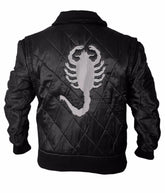 Ryan Gosling Black Satin Varsity Bomber Jacket with White Scorpion Embroidered Logo - MNCLeather